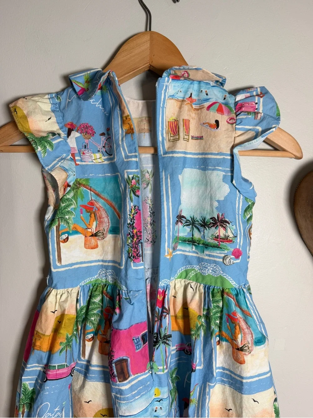 Patachou Girls Blue Postcard Beach Print Dress Size 8Y Cotton Peter Pan Collar